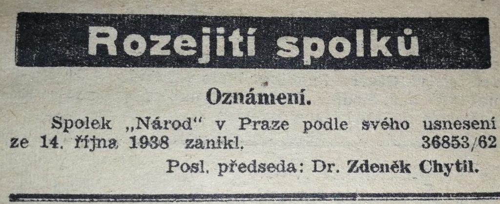 Oznámení o zániku spolku "Národ" 14. října 1938
